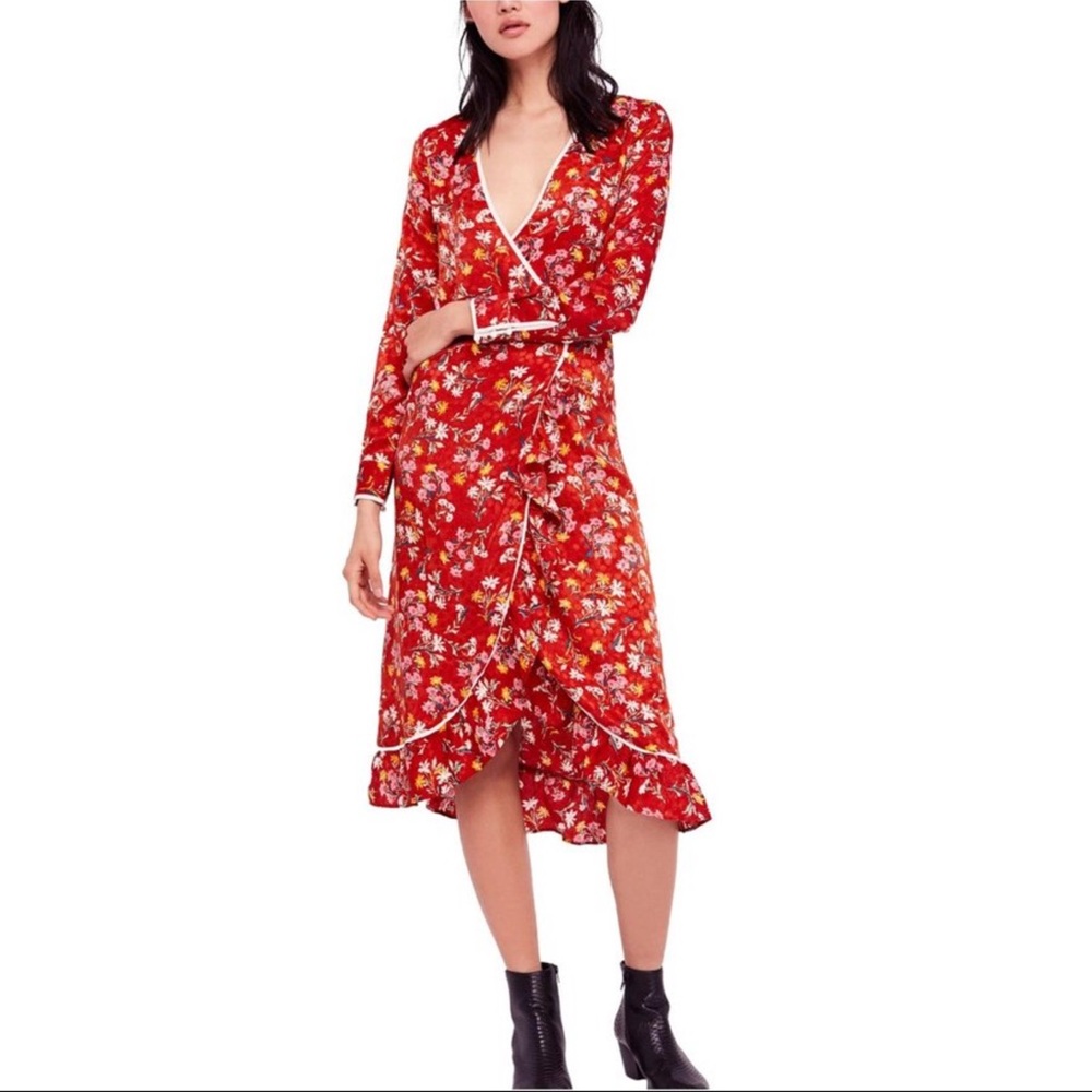 Free People Covent Garden Orange Rust Floral Ruffle Faux Wrap Midi Dress Size‎ 4